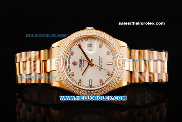 Rolex Day Date II Automatic Movement Full Rose Gold with Double Row Diamond Bezel - Diamond Markers and White Dial - Click Image to Close